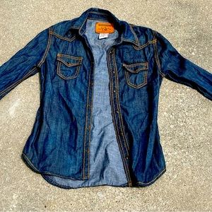 True Religion Georgia Blue Jean Jacket Denim XS. Orange Stitch